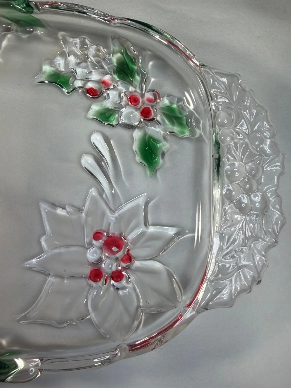 Clear Poinsettia Glass Serving Tray with Red and Green Accents - Picture 3 of 7